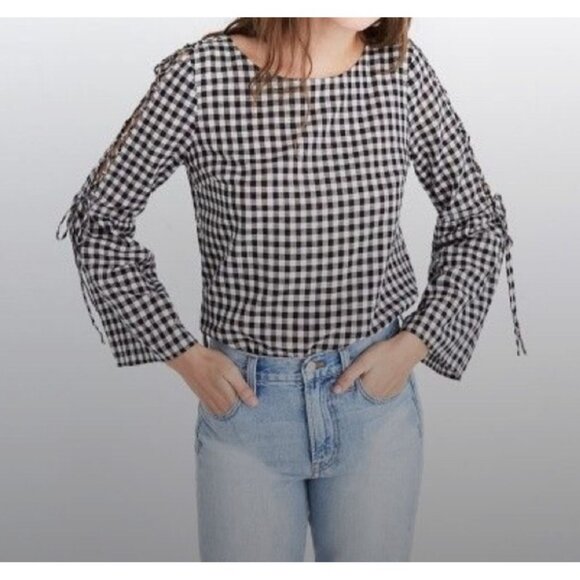 Madewell black white Gingham top blouse size Medium boho Preppy - Picture 2 of 8